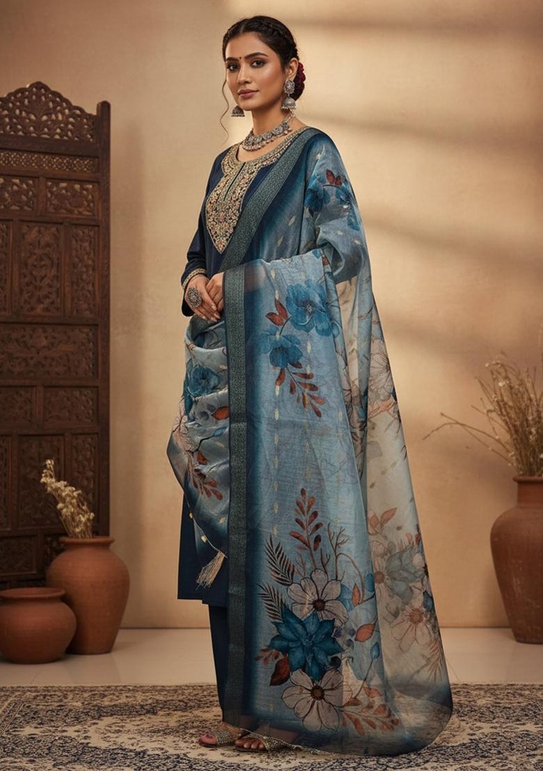 Blue Sequin Work Silk Blend Kurta Set - Indya