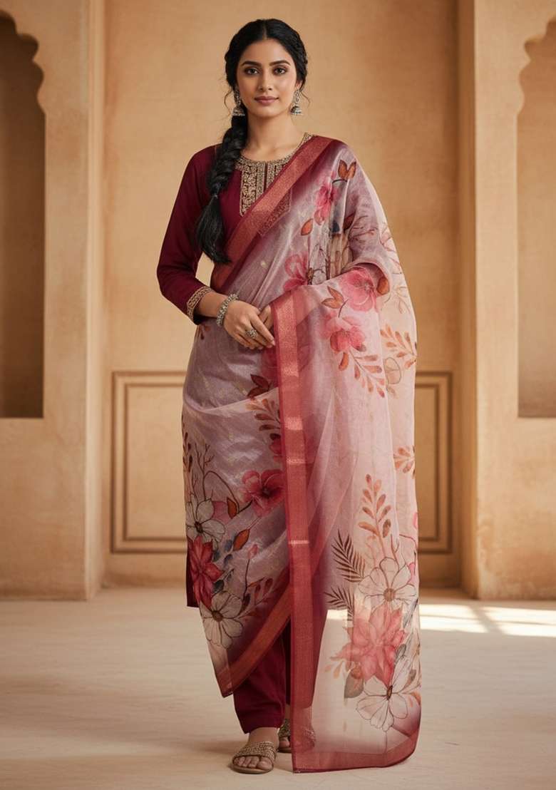 Maroon Sequin Work Silk Blend Kurta Set - Indya