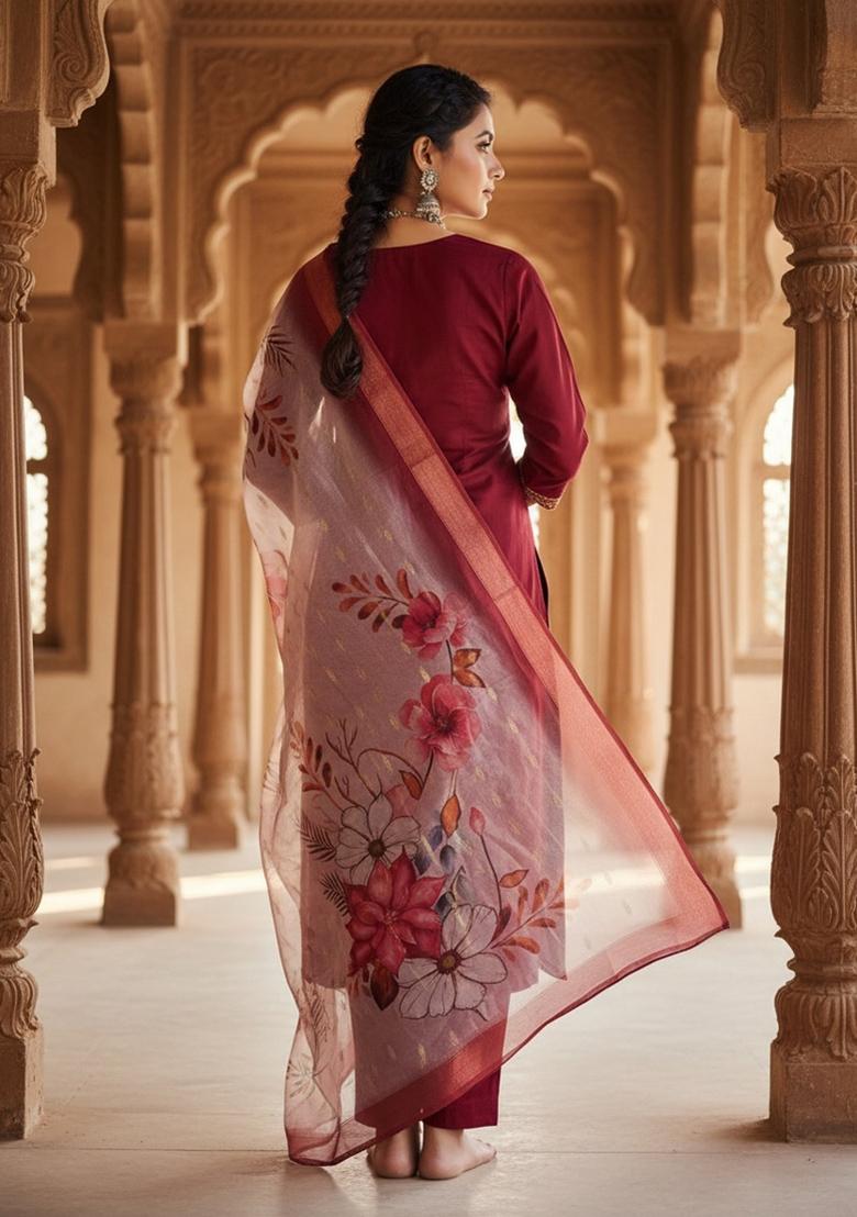 Maroon Sequin Work Silk Blend Kurta Set - Indya
