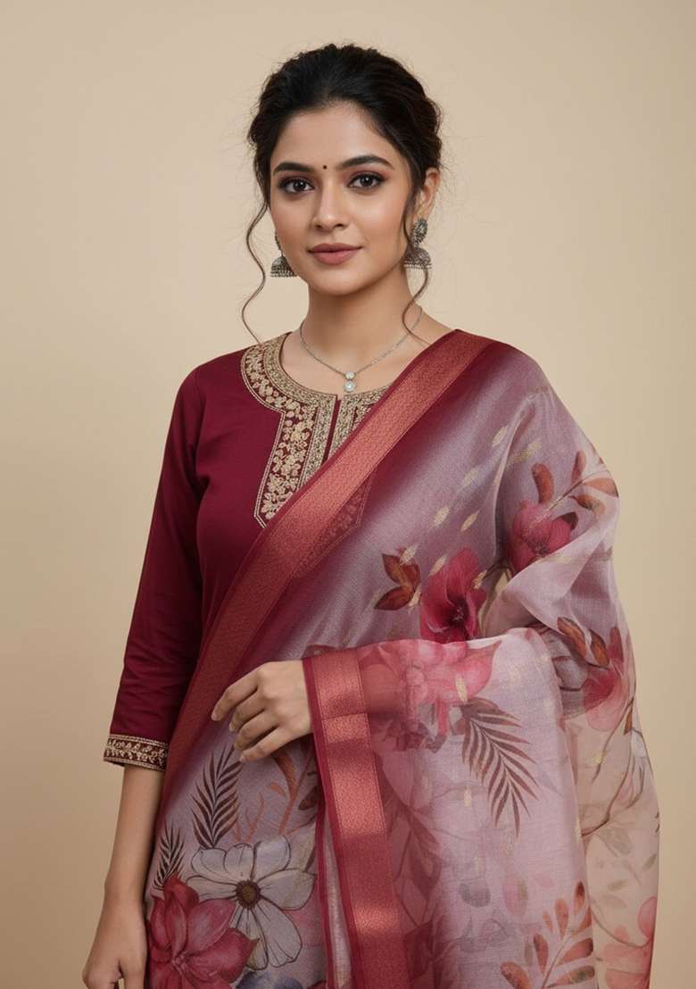 Maroon Sequin Work Silk Blend Kurta Set - Indya