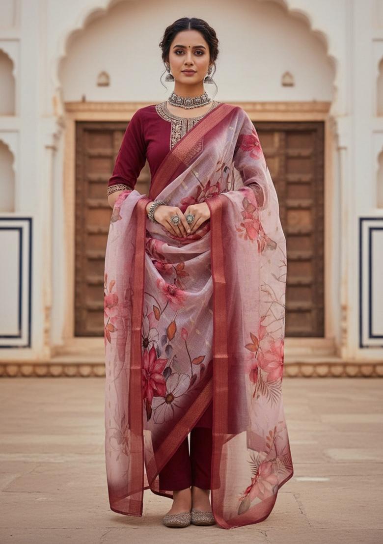 Maroon Sequin Work Silk Blend Kurta Set - Indya
