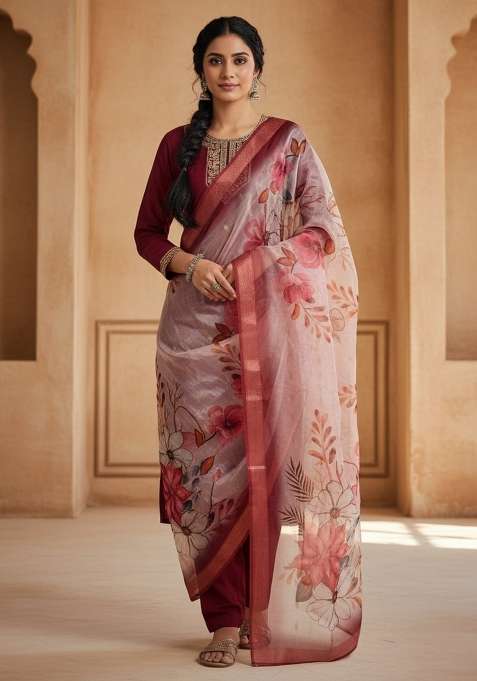 Maroon Sequin Work Silk Blend Kurta Set