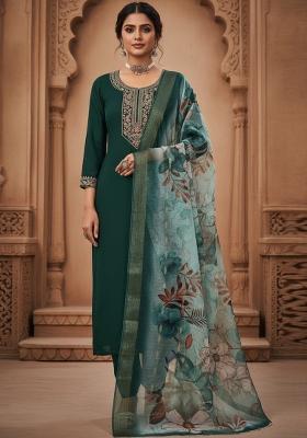 Green Sequin Work Silk Blend Kurta Set