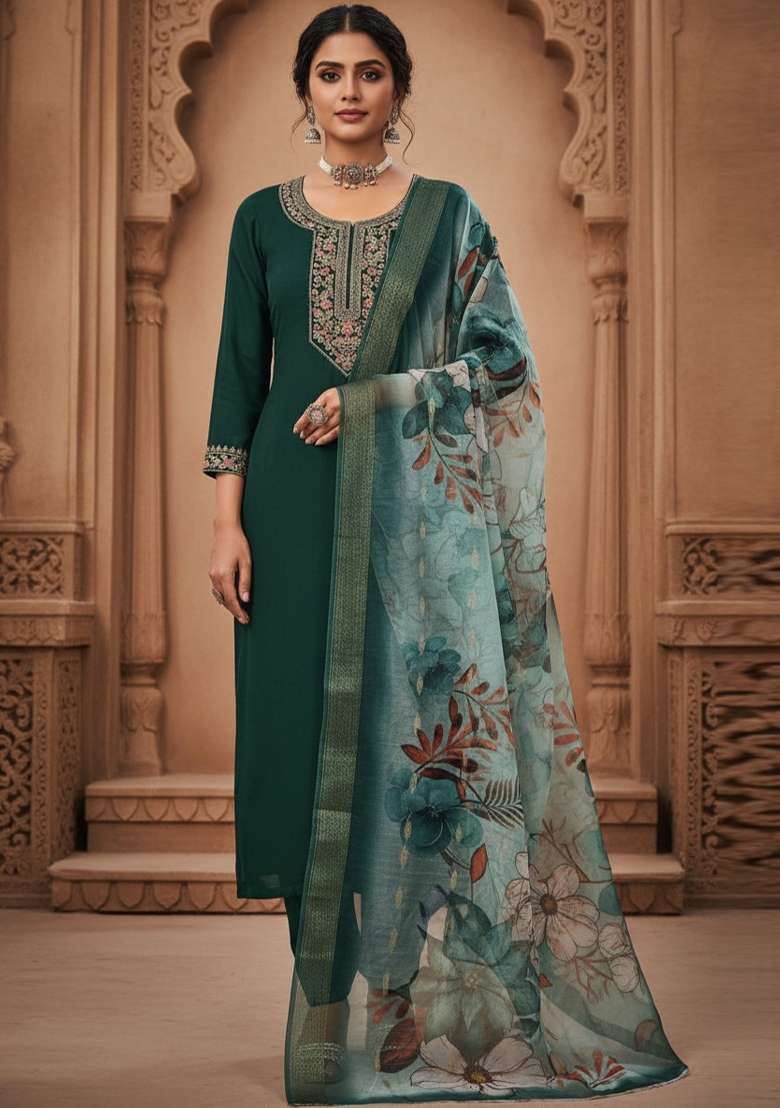 Green Sequin Work Silk Blend Kurta Set - Indya