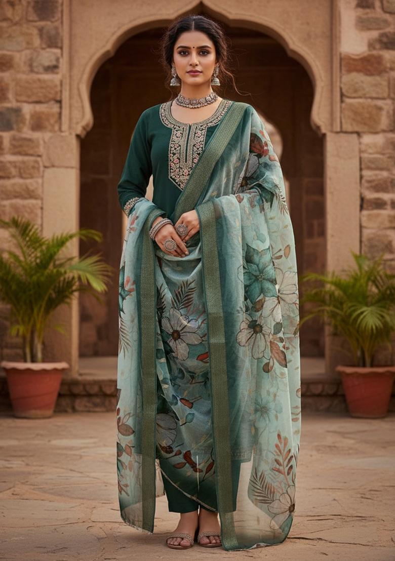 Green Sequin Work Silk Blend Kurta Set - Indya