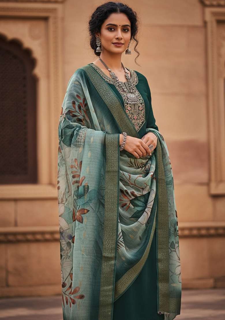 Green Sequin Work Silk Blend Kurta Set - Indya