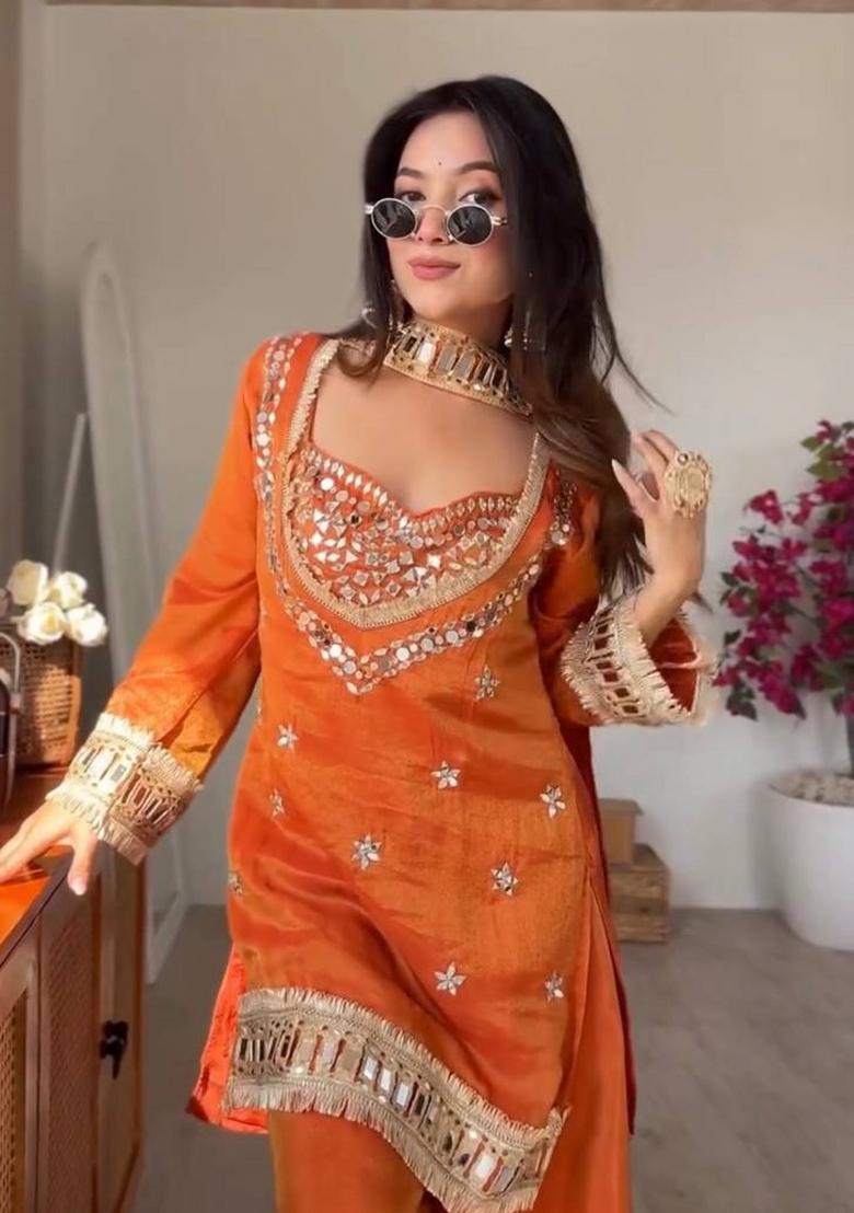 Purple Sequin Work Silk Blend Kurta Set - Indya