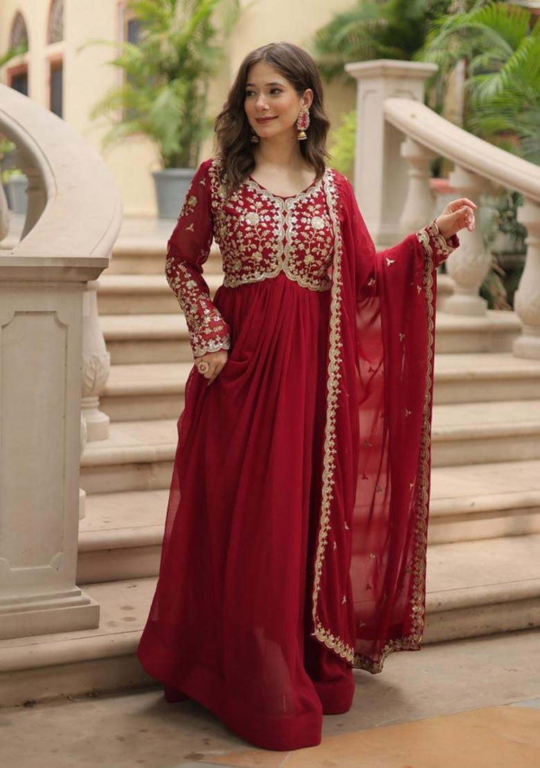 Maroon Sequin Work Silk Blend Kurta With Dupatta - Indya