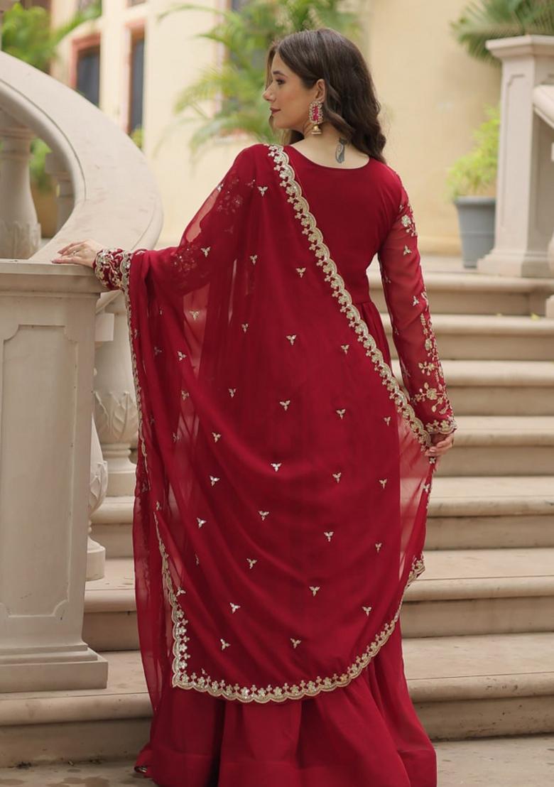 Maroon Sequin Work Silk Blend Kurta With Dupatta - Indya