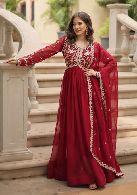 Maroon Sequin Work Silk Blend Kurta With Dupatta