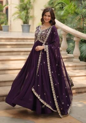 Purple Sequin Work Silk Blend Kurta With Dupatta