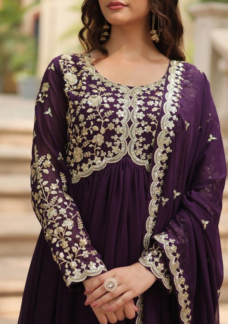 Purple Sequin Work Silk Blend Kurta With Dupatta - Indya