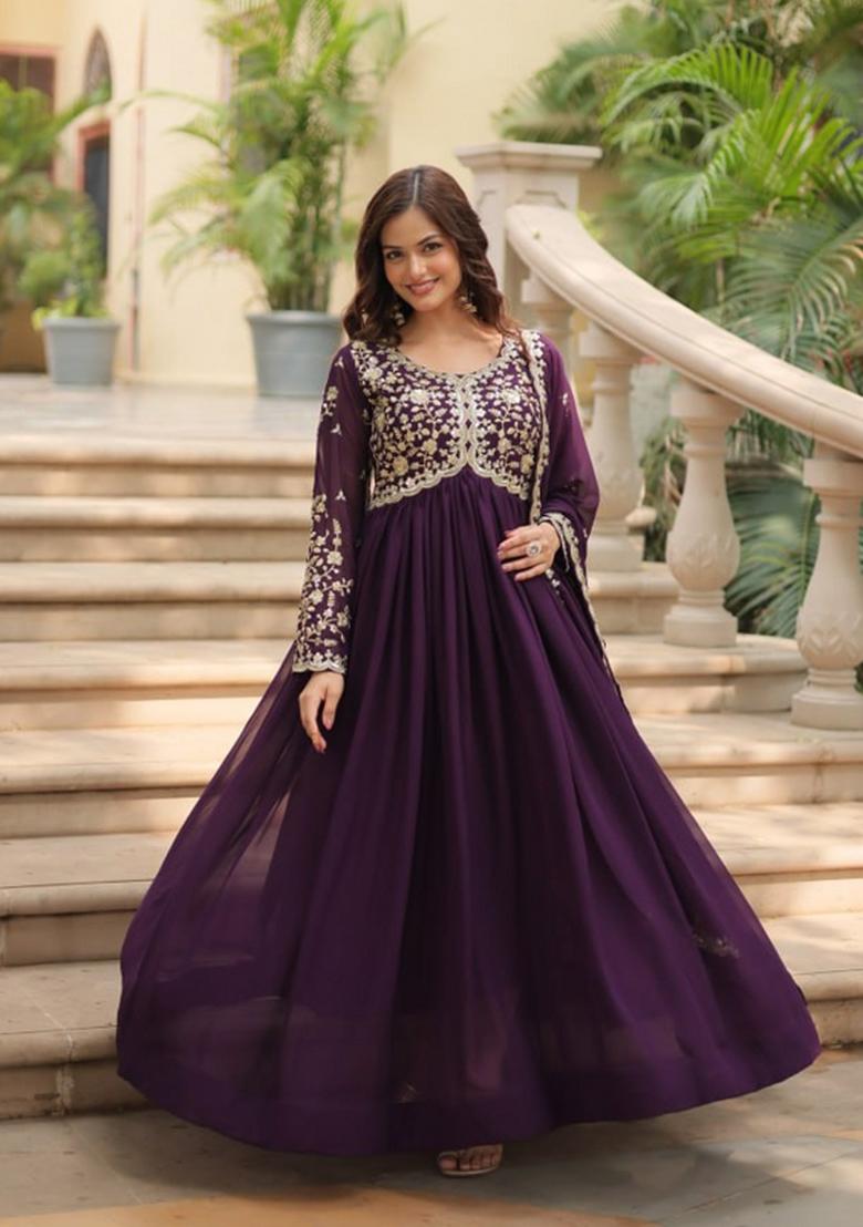 Purple Sequin Work Silk Blend Kurta With Dupatta - Indya