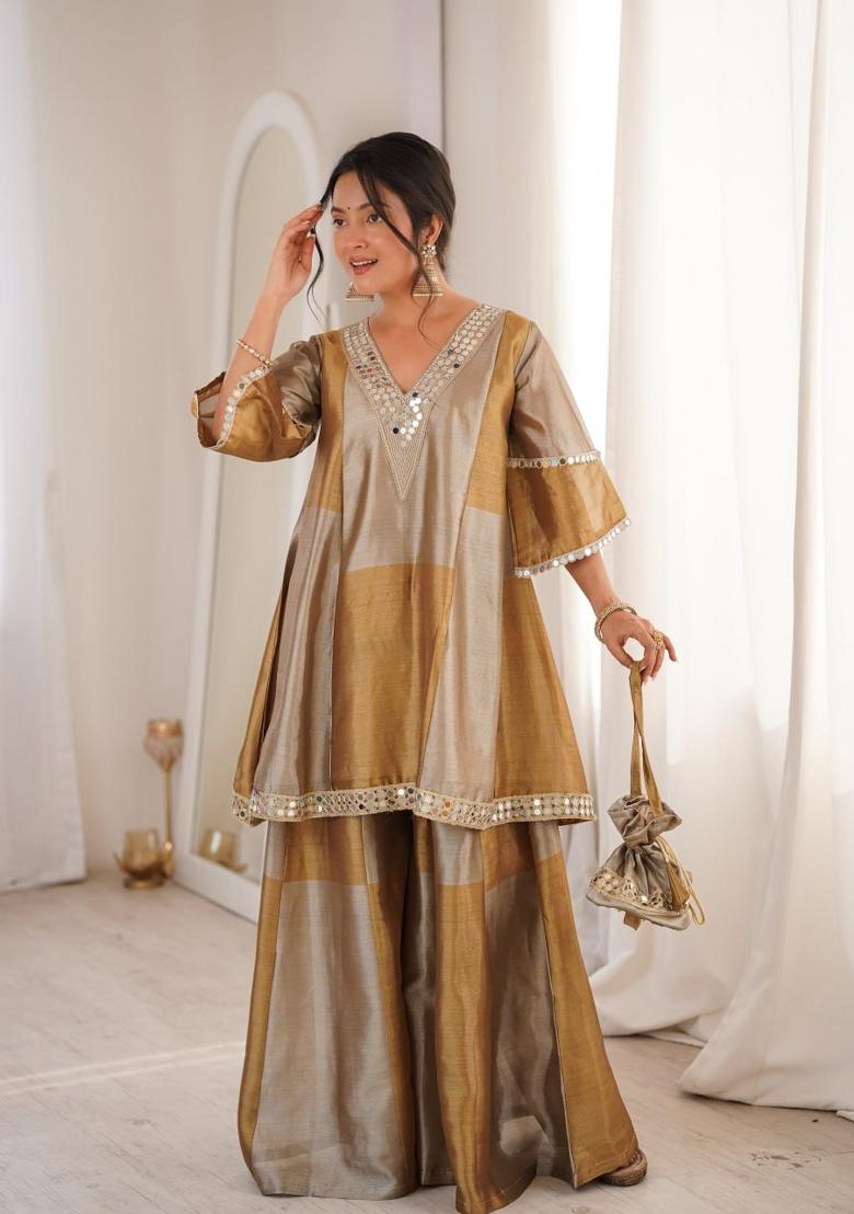 Beige Sequin Work Tissue Kurta Set - Indya