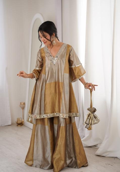 Beige Sequin Work Tissue Kurta Set