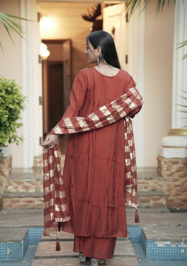 Maroon Sequin Work Chanderi Kurta Set - Indya