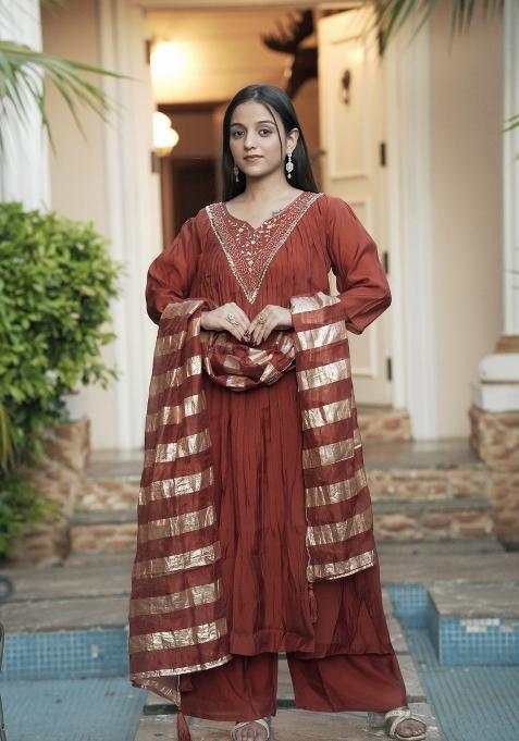 Maroon Sequin Work Chanderi Kurta Set