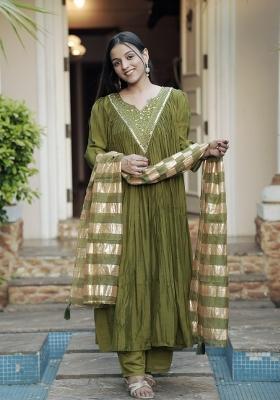 Green Sequin Work Chanderi Kurta Set