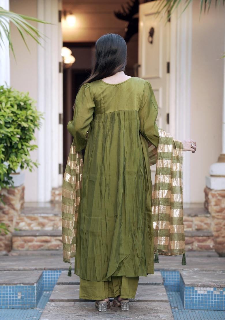 Green Sequin Work Chanderi Kurta Set - Indya