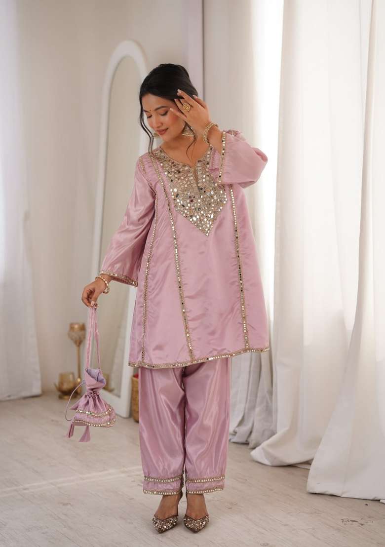 Pink Sequin Work Silk Blend Kurta Set - Indya