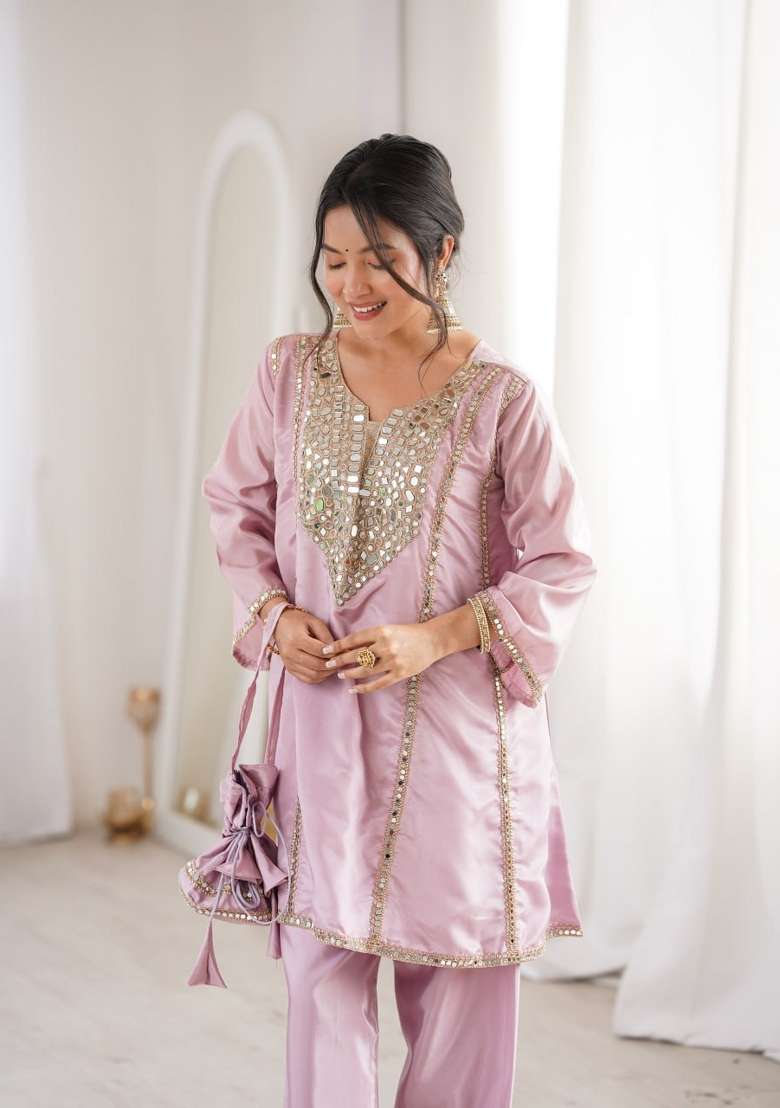Pink Sequin Work Silk Blend Kurta Set - Indya