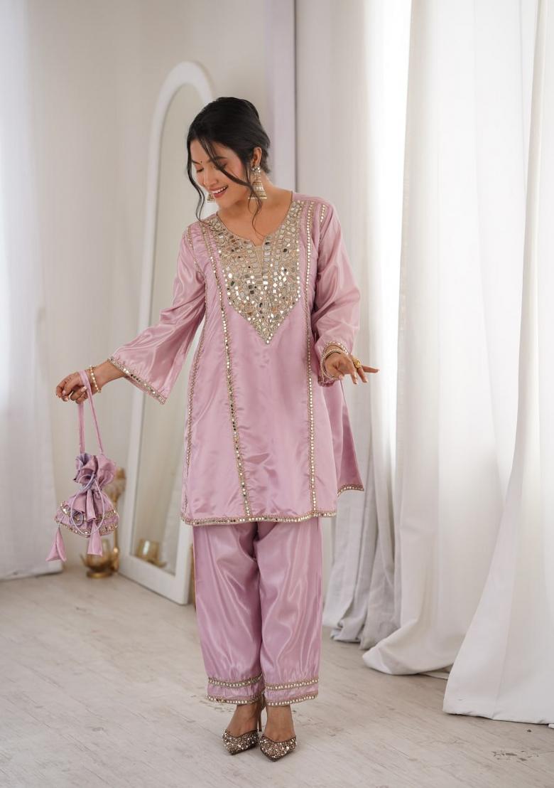 Pink Sequin Work Silk Blend Kurta Set - Indya