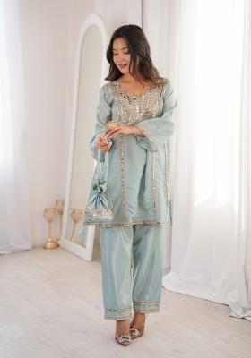 Sky Blue Sequin Work Silk Blend Kurta Set