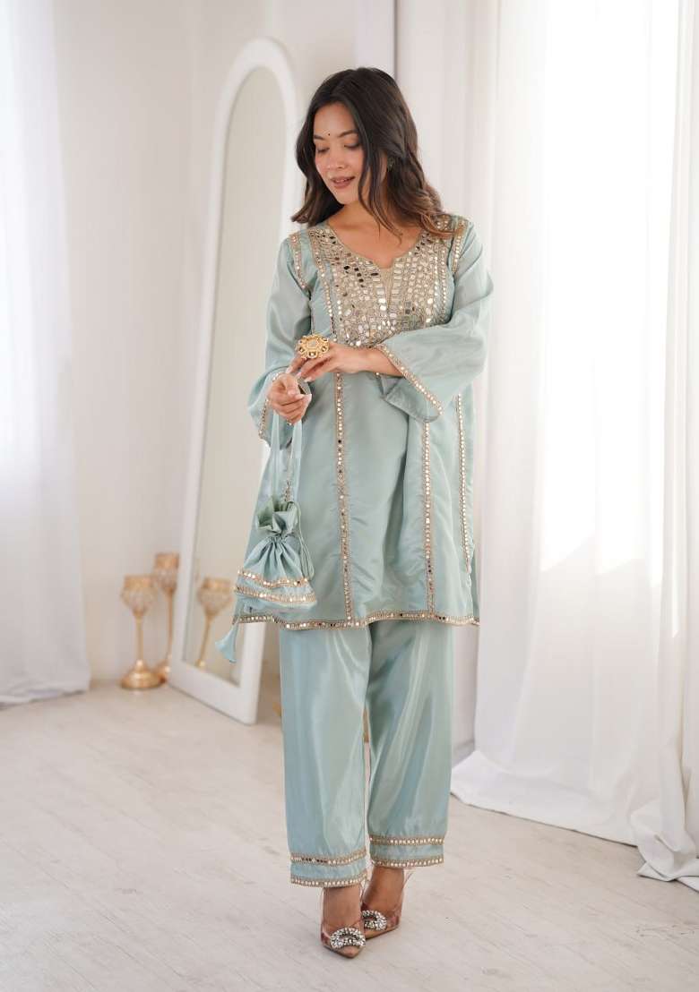 Sky Blue Sequin Work Silk Blend Kurta Set - Indya