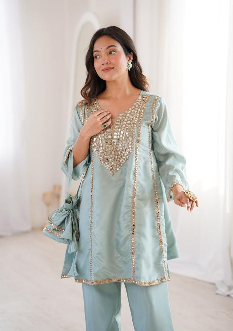 Sky Blue Sequin Work Silk Blend Kurta Set - Indya
