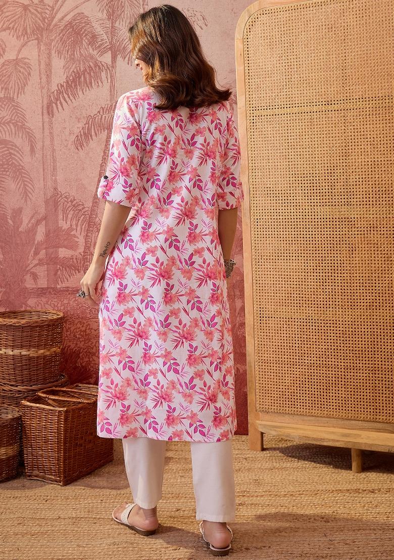 Pink Sequin Work Cotton Kurta - Indya