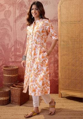 Orange Sequin Work Cotton Kurta