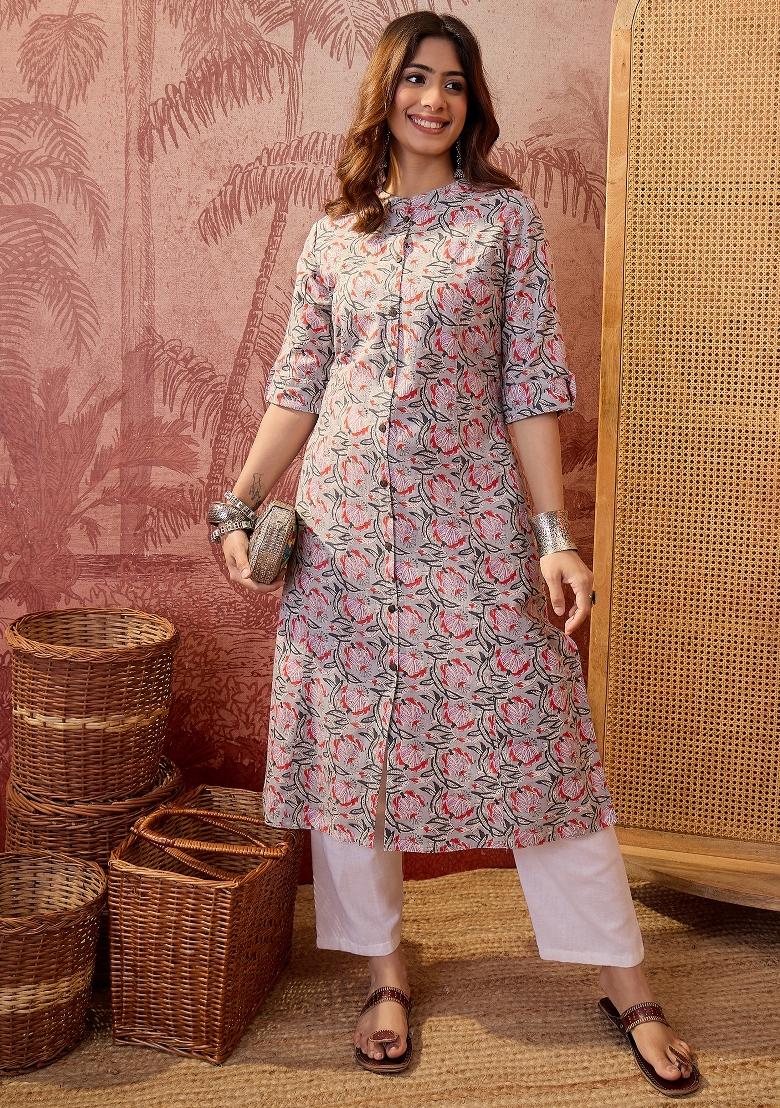 Grey Sequin Work Cotton Kurta - Indya