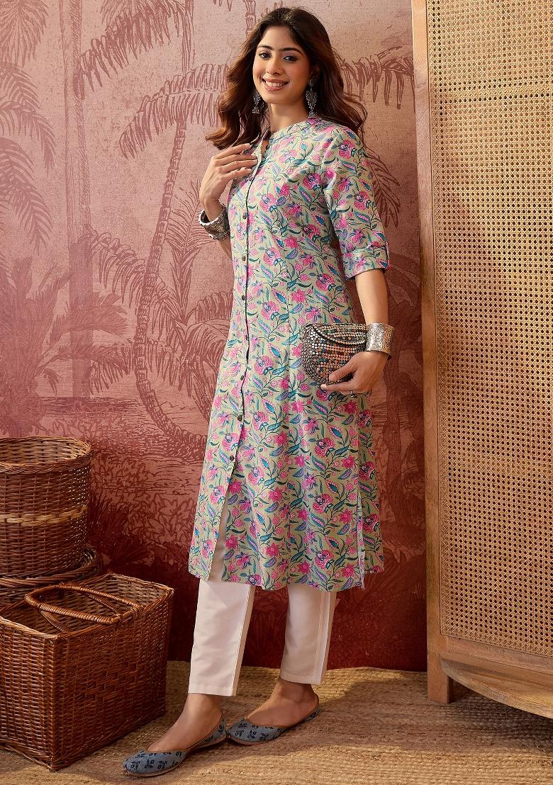 Sea Green Sequin Work Cotton Kurta - Indya