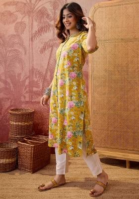 Yellow Sequin Work Cotton Kurta