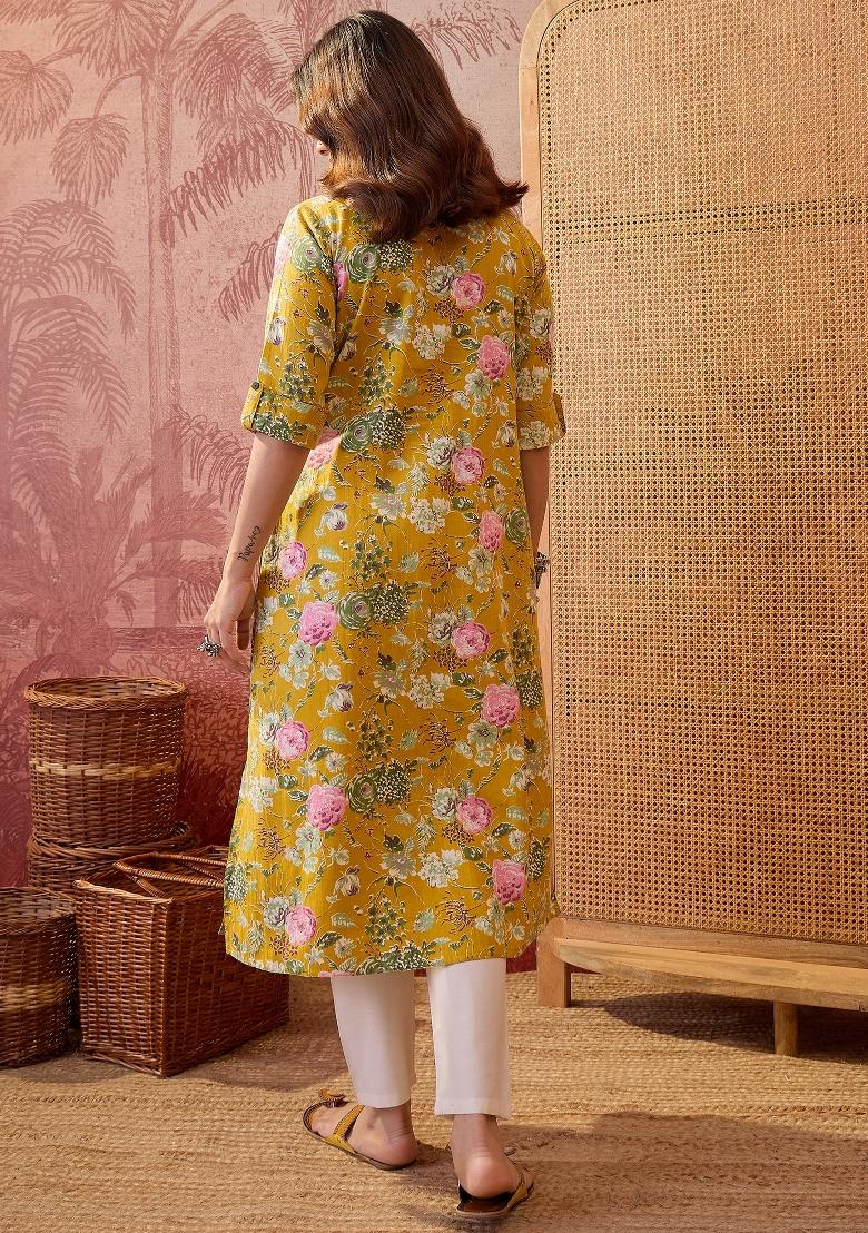 Yellow Sequin Work Cotton Kurta - Indya