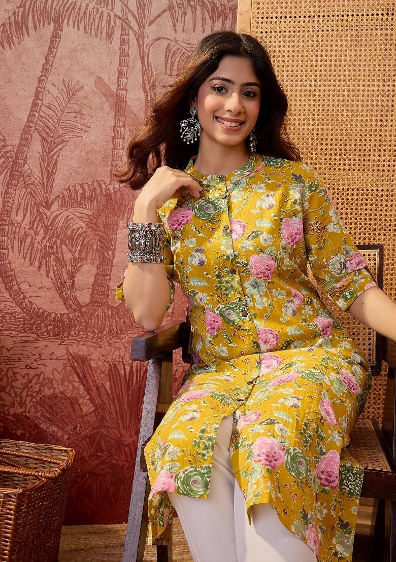 Yellow Sequin Work Cotton Kurta - Indya
