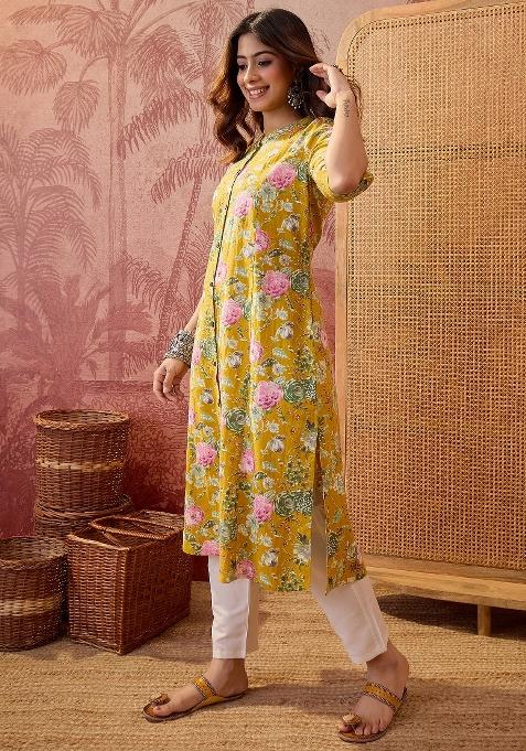 Yellow Sequin Work Cotton Kurta