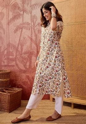 Cream Sequin Work Cotton Kurta