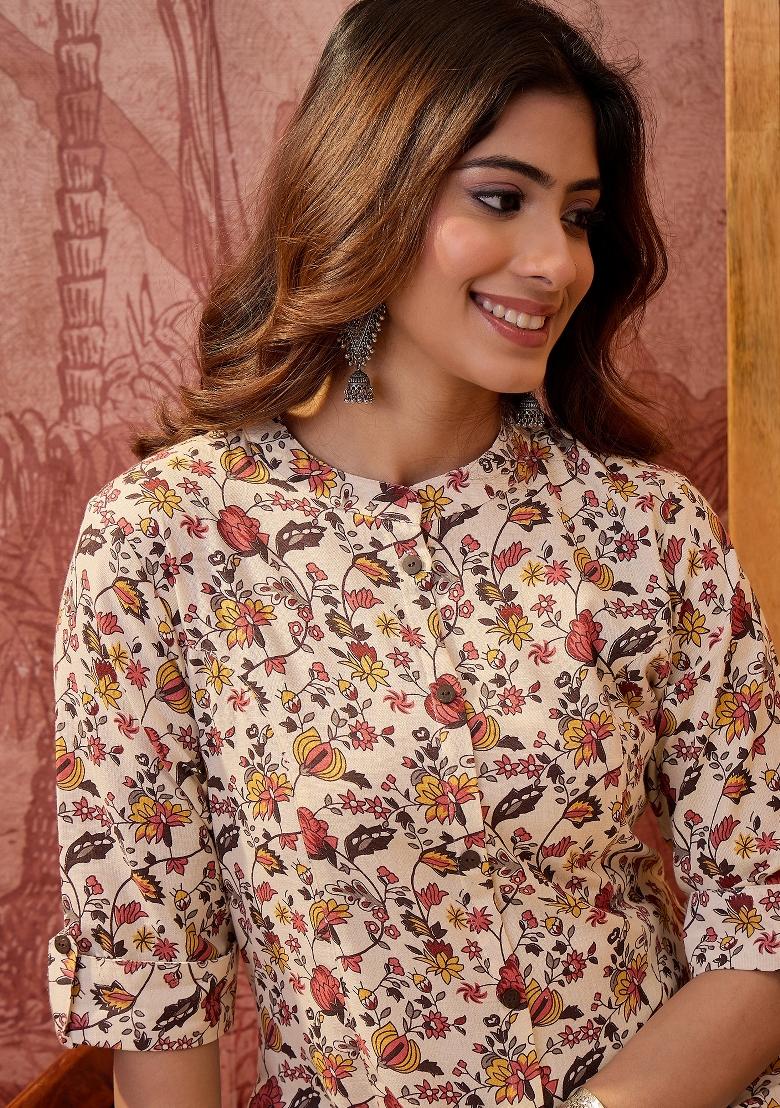 Cream Sequin Work Cotton Kurta - Indya