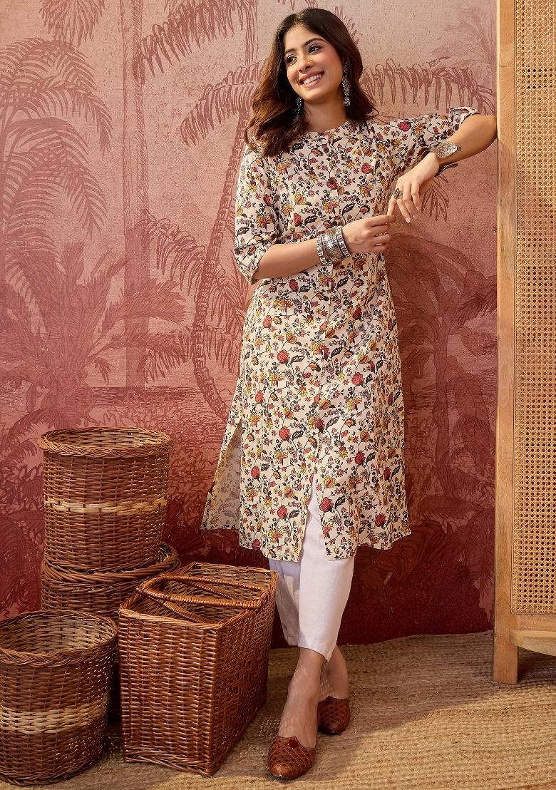 Cream Sequin Work Cotton Kurta - Indya