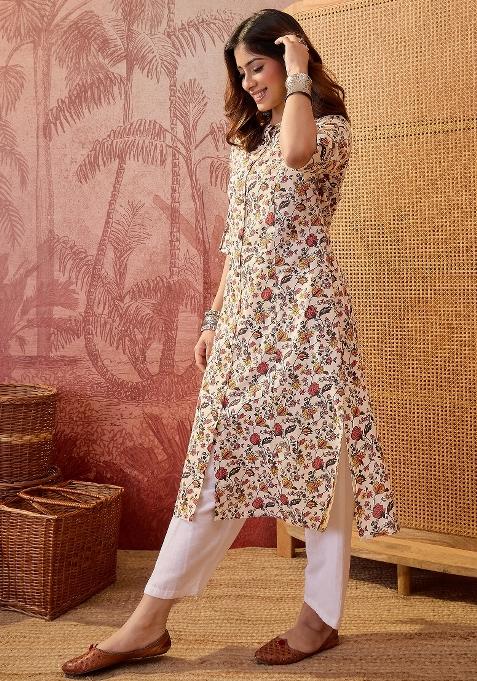 Cream Sequin Work Cotton Kurta