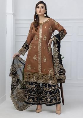 Brown Sequin Work Net Kurta Set