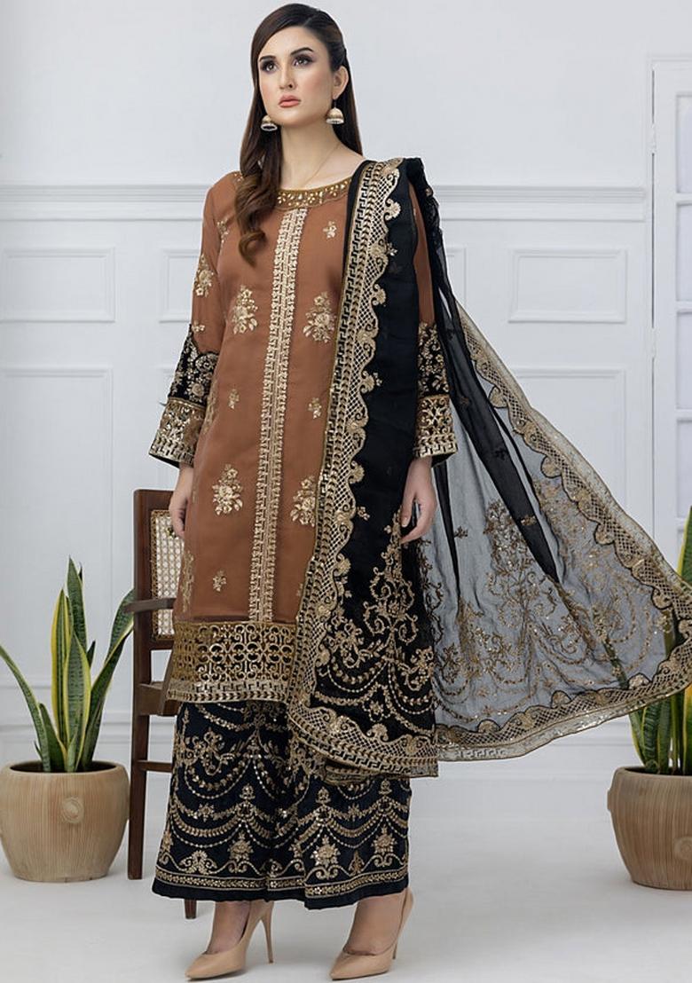 Brown Sequin Work Net Kurta Set - Indya