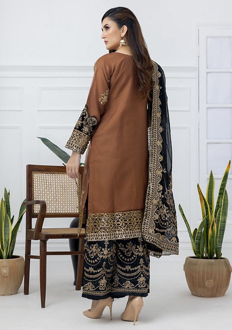 Brown Sequin Work Net Kurta Set - Indya