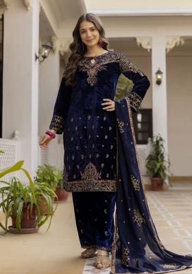 Blue Sequin Work Velvet Kurta Set