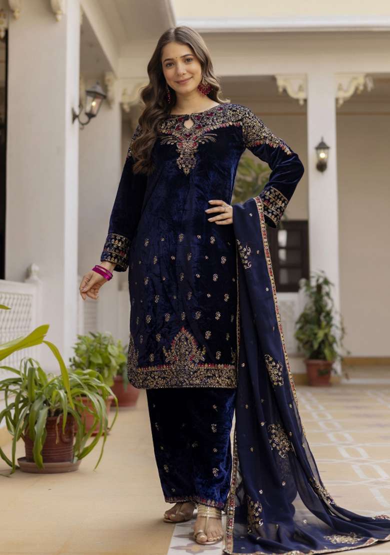 Blue Sequin Work Velvet Kurta Set - Indya