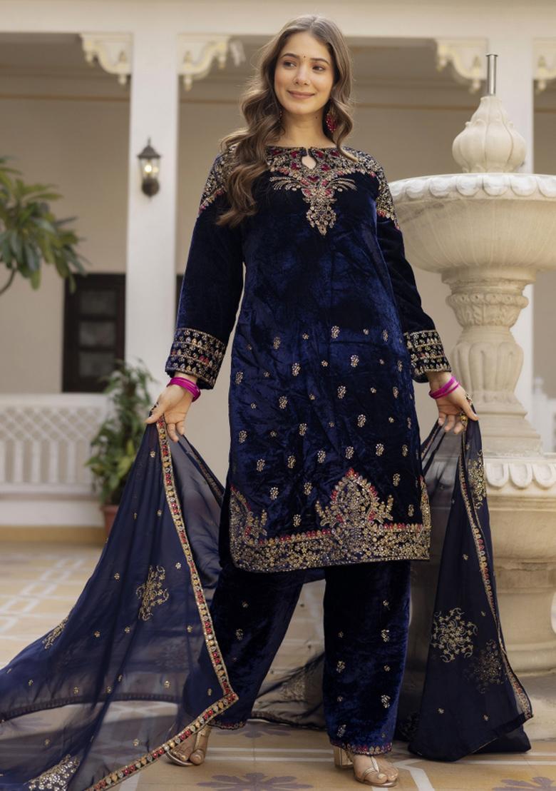 Blue Sequin Work Velvet Kurta Set - Indya
