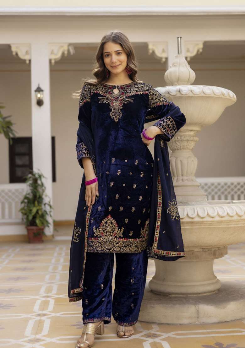 Blue Sequin Work Velvet Kurta Set - Indya
