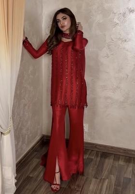 Red Sequin Work Silk Blend Kurta Set