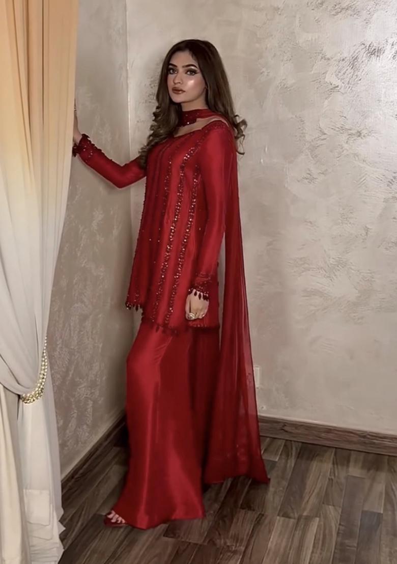 Red Sequin Work Silk Blend Kurta Set - Indya